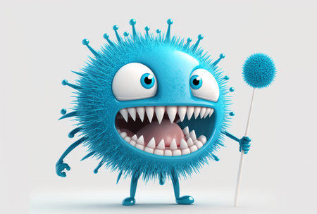Illustration of funny blue virus character with happy face isolated on white. Generative AI.の素材