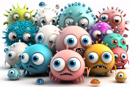 Group of funny multi-colored virus character with angry faces isolated on white. Generative AI.の素材