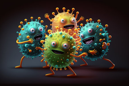 Illustration of virus characters with angry faces dancing on black background. Generative AI.の素材