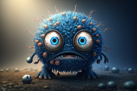 Illustration of funny blue virus character with angry face. Generative AI.の素材