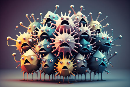 Crowd of funny multi-colored virus character with angry faces. Generative AI.の素材