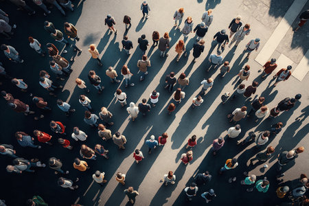 Top view crowd of people walking on the city street. Generated AIの素材