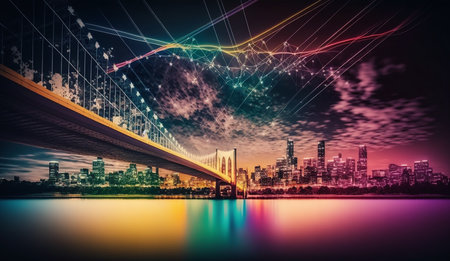 Colourful Smart city and connection technology concept, illustration of big data. Generative AI.の素材