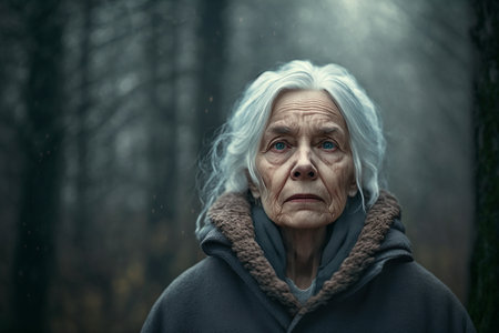 Portrait of very sad senior woman natural face on foggy forest background. Generative AI.の素材