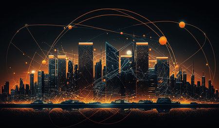 Smart city and connection technology concept, illustration of big data. Generative AI.の素材