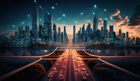 Blurred view of smart city and connection technology concept, illustration of big data. Generative AI.の素材