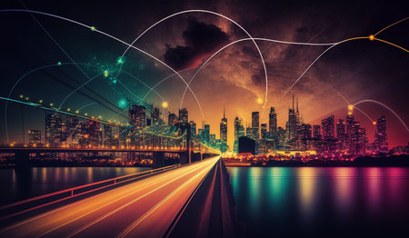 Colourful Smart city and connection technology concept, illustration of big data. Generative AI.の素材