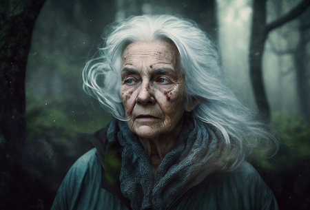 Portrait of very sad senior woman natural face on foggy forest background. Generative AI.の素材