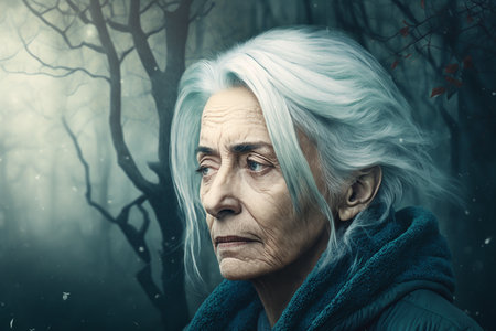 Portrait of very sad senior woman natural face on foggy forest background. Generative AI.の素材