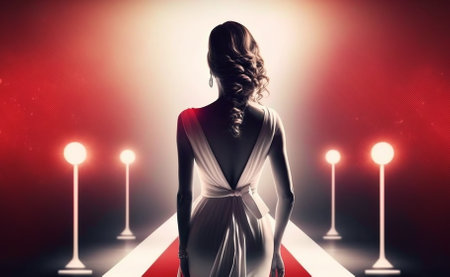 Elegant female standing on red carpet. Generative AI.の素材