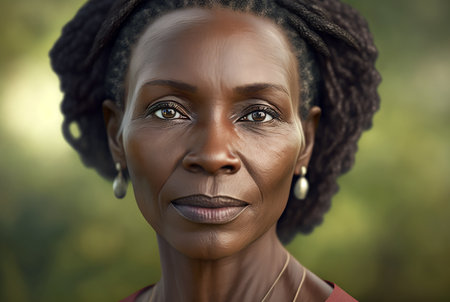 A middle-aged African woman looks at the camera with a tired look. Generative Ai.の素材