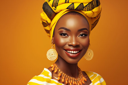 Smiling black woman wearing African national costume isolated on yellow background. Generative AI.の素材