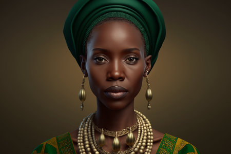 Attractive woman wearing African national costume isolated on green background. Generative AI.の素材
