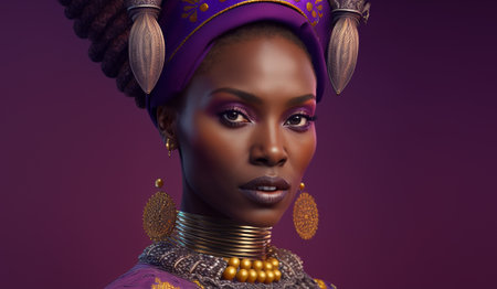 Sensual black woman wearing African national costume isolated on purple background. Generative AI.の素材