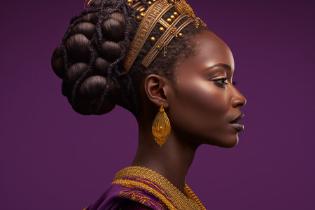 Side view woman wearing African national costume isolated on purple background. Generative AI.の素材