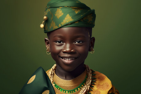 Cute black boy wearing African national costume isolated on green background. Generative AI.の素材