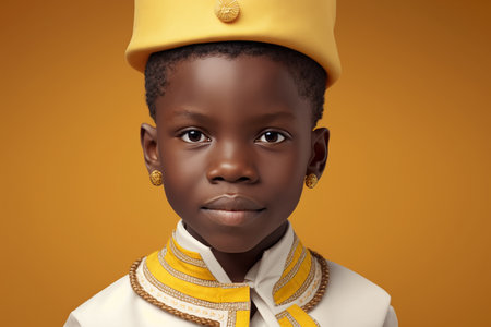 Cute black boy wearing African national costume isolated on yellow background. Generative AI.の素材