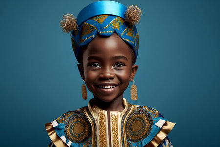 Cute black girl wearing African national costume isolated on blue background. Generative AI.の素材