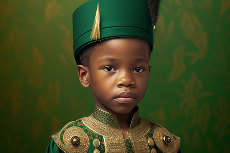 Cute black boy wearing African national costume isolated on green background. Generative AI.の素材