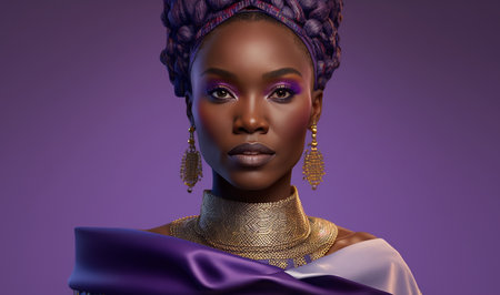 Sensual black woman wearing African national costume isolated on purple background. Generative AI.の素材