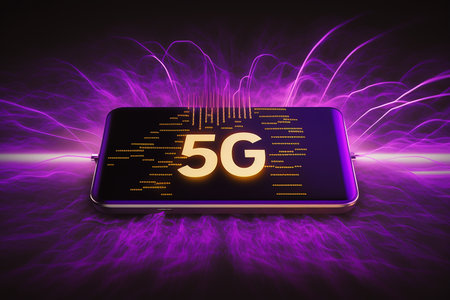 Smartphone with 5G symbol on dark neon light background. Generative AI.の素材