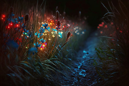 A path through an illuminated colourful wildflower meadow or garden. Generative AI.の素材