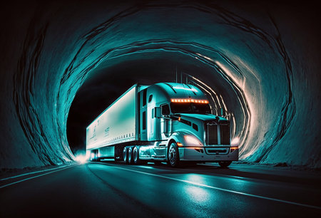 A truck driving a mountain tunnel. Generative AI.の素材