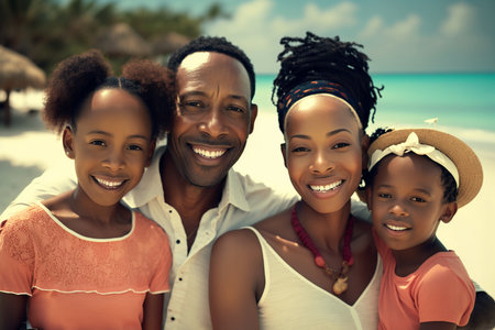 Illustration of a young happy African American family portrait on beach. Generative AI.の素材