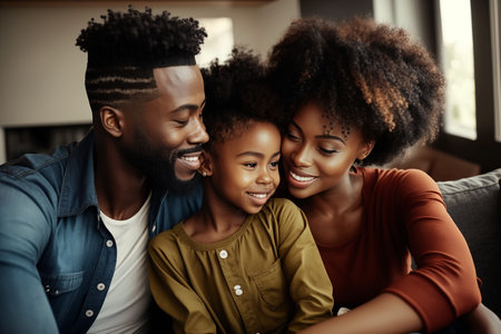 A young happy African American family on couch at home. Generative AI.の素材