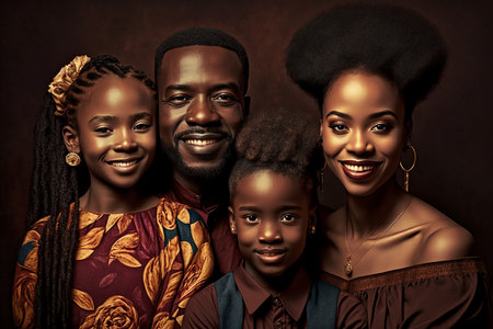 Illustration of a young happy African American family portrait. Generative AI.の素材