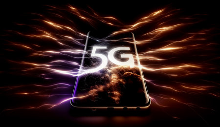 Smartphone with 5G symbol on dark background. Generative AI.の素材