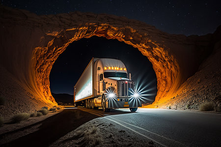 A truck driving a mountain tunnel. Generative AI.の素材