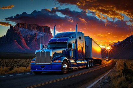 Large blue truck driving highway, sunset and mountains in the background. Generative AI.の素材