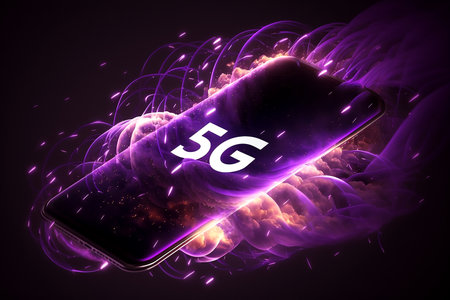 Smartphone with 5G symbol on dark neon light background. Generative AI.の素材