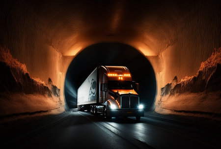A truck driving a mountain tunnel. Generative AI.の素材