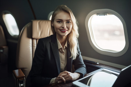 Successful caucasian businesswoman with laptop on airplane seated in business class. Generative AI.の素材