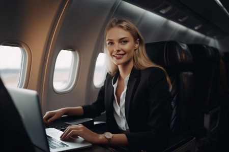 Successful caucasian businesswoman with laptop on airplane seated in business class. Generative AI.の素材