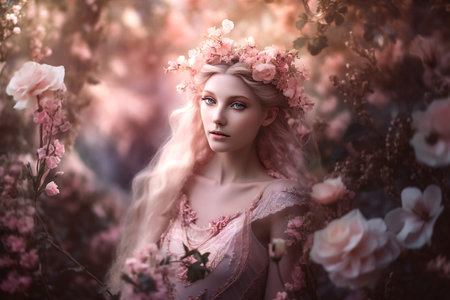 Surprisingly beautiful woman - flower fairy in pink fantasy garden. Generative AI.の素材