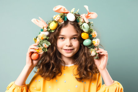 A lovely girl with a gorgeous Easter wreath on her head. Generative AI.の素材