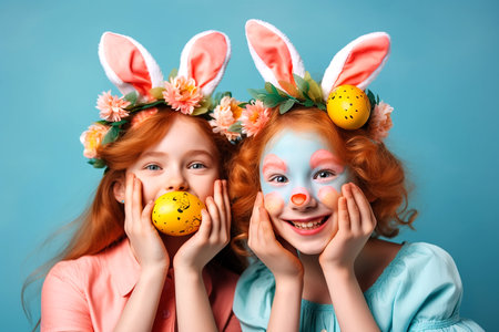 Two cheerful  girls with bunny ears holding Easter eggs at face on blue background. Generative AIの素材