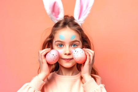 Cute little child girl with bunny ears holding Easter eggs at face on pink background. Generative AIの素材