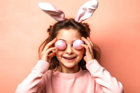 Happy child girl with bunny ears holding Easter eggs at face on pink background. Generative AIの素材