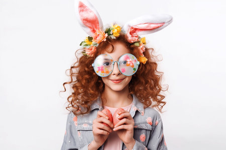 Funny red hair girl with bunny ears and big glasses holding Easter eggs on white background. Generative AIの素材