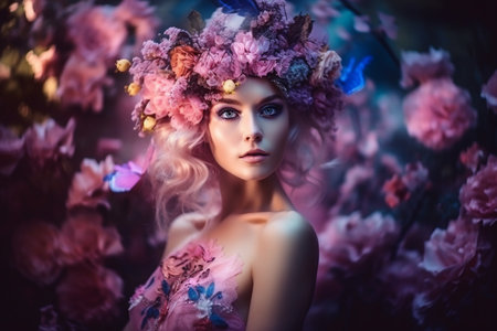 Incredibly beautiful blonde woman flower fairy in a blooming fantasy garden. Generative AI.の素材