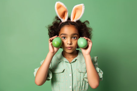 Cute african girl with bunny ears holding Easter eggs at face on green background. Generative AIの素材