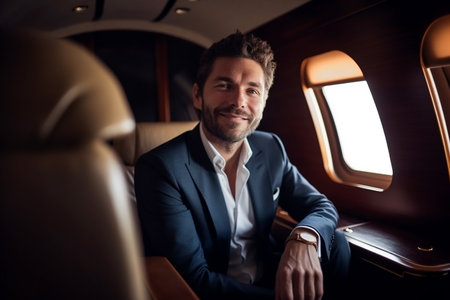 Handsome smiling businessman in suit looking at camera in private plane. Generative AI.の素材