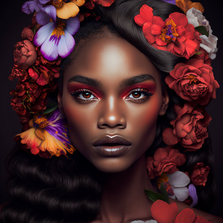 Portrait of  sensual african american woman with  flowers in hair,  AI generated Midjourneyの素材