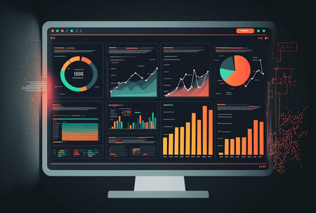 Financial charts and graphs on the computer monitor. Workplace broker. Generative AIの素材