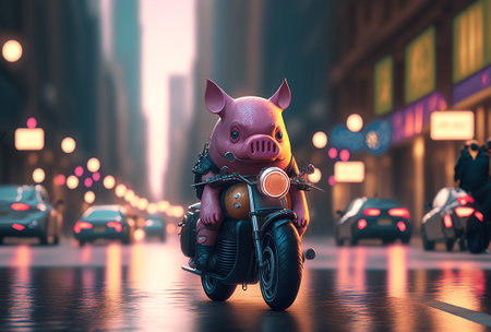 Funny pink pig riding  a motorcycle , blurred background with city street light. Generative AI.の素材