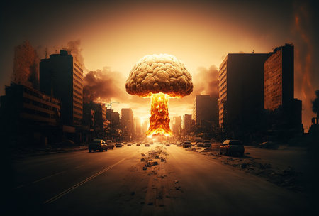 Illustration of huge nuclear bomb explosion over New York city. Generative AI.の素材